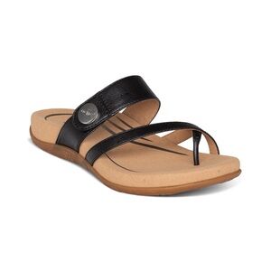 Aetrex Black Leather Double-Strap Toe-Post Sandal with Tan Footbed